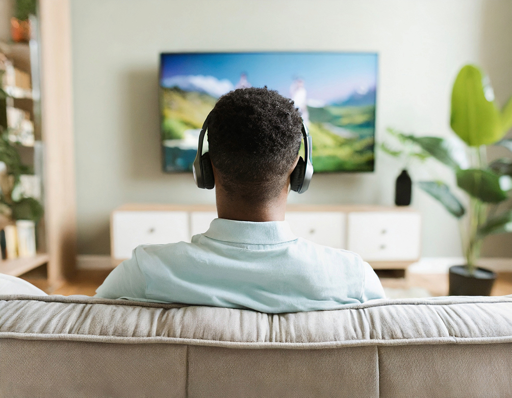 Rear view man sitting home watching tv interior living room with